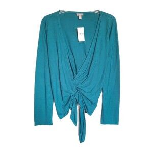 NWT J. Jill LS Jersey Wrap Knit Top Side Tie Teal / Blue Travel Layer Sz S
